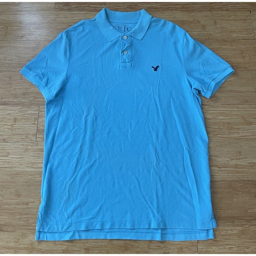 Y2K American Eagle Polo Shirt Mens L Light Blue Athletic Fit Eagle Logo